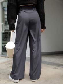 DAZY High Waist Fold Pleated Trousers - Dark Grey - View 2