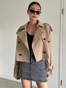 DAZY Women's Casual Short Trench Coat, Spring/Autumn Jacket - Khaki - View 3