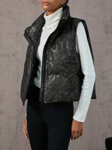 Aveloria Zip Up PU Leather Vest Padded Padded Coat Clothes Winter - Black - View 5
