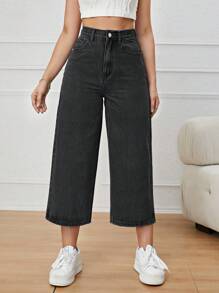 Jeans con cremallera de pierna ancha crop - Negro - Ver 4