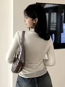 DAZY 素色小高領T恤 - 杏色 - 查看 4