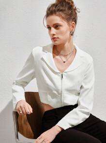 Chiquease Lapel Neck Zip Up Crop Jacket - Beige - View 6