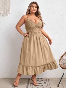 SHEIN VCAY Plus Guipure Lace Insert Ruffle Hem Cami Dress - Khaki - View 4