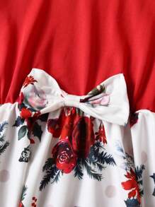 SHEIN Young Girl Floral Print Ruffle Trim Bow Front Dress & Flare Leg Pants & Headband