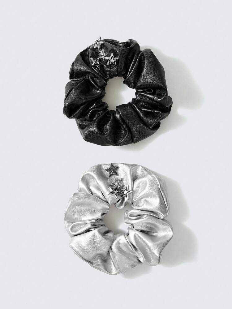 2pcs Girls' Fashionable Street Style Pu Leather Headbands With Metal Star Decoration, Great For Daily Wear, Fashion Week, Photo Shooting And Music Festival, Black & Silver