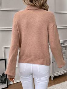 SHEIN Clasi 高領麻花編織落肩袖套頭毛衣 - 藕粉色 - 查看 2