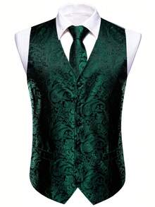 Men 4pcs Paisley Print Waistcoat - Green - View 3
