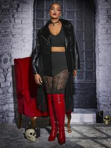 SHEIN SXY Plus Lapel Neck Belted PU Leather Trench Coat - Black - View 5