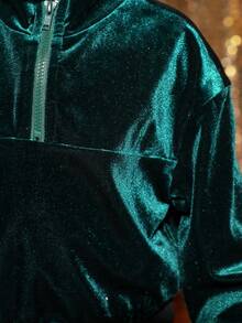 SHEIN 女孩嬰兒半拉鏈落肩袖絲絨運動衫 - 綠色 - 查看 6