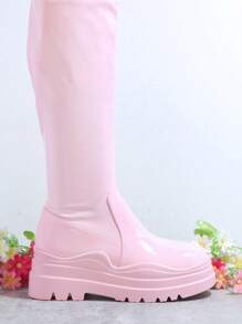 Faux Leather Over The Knee Boots - Pink - View 2