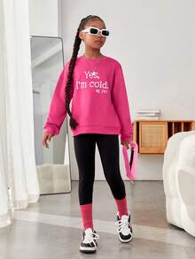 SHEIN Tween Girl Slogan Graphic Drop Shoulder Pullover - Hot Pink - View 5