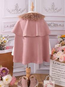 SHEIN Young Girl Fuzzy Trim Cape Coat - Pink - View 2