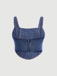SHEIN EZwear 加方領弧形下擺牛仔上衣 - 藍色 - 查看 2