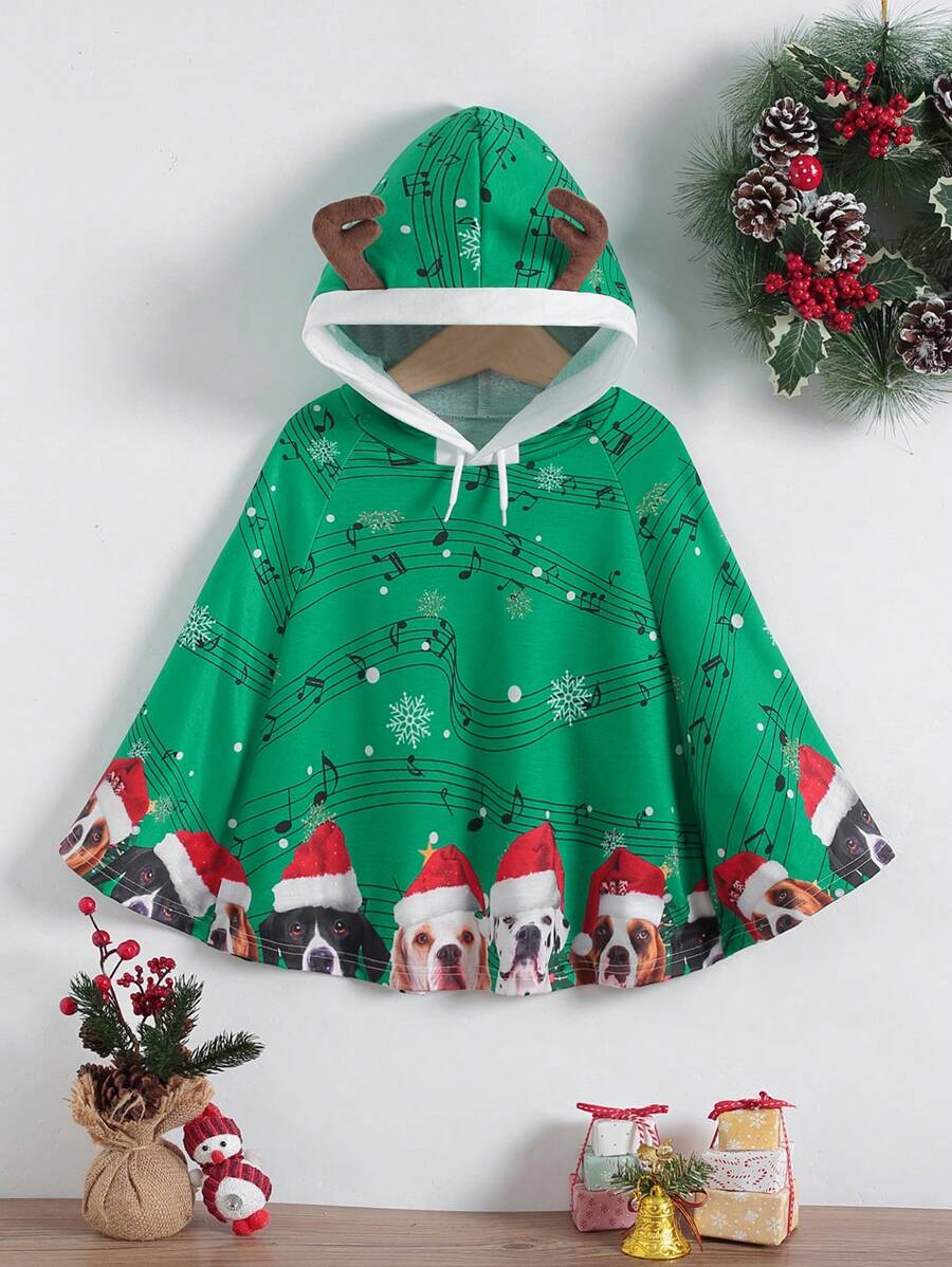 SHEIN Young Girl Christmas Print 3D Antlers Design Hooded Cape Coat