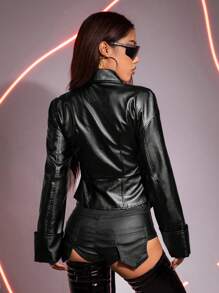 SHEIN ICON Bikercore Zip Up Asymmetrical Hem PU Leather Coat