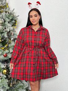 SHEIN EZwear Hơn In Tartan Thả vai Thắt lưng Váy sơ mi - Nhiều màu - Xem 1