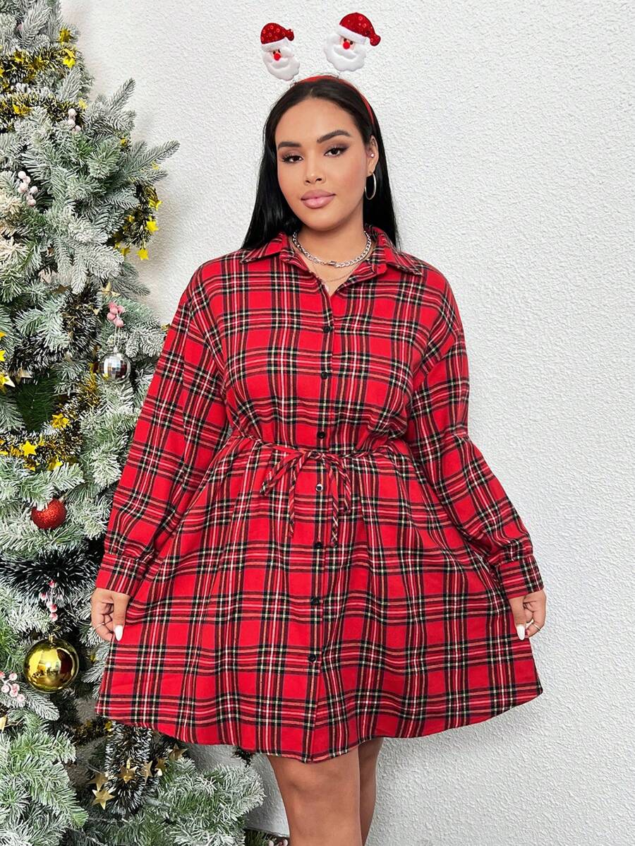 SHEIN EZwear Hơn In Tartan Thả vai Thắt lưng Váy sơ mi - Nhiều màu - Xem 1