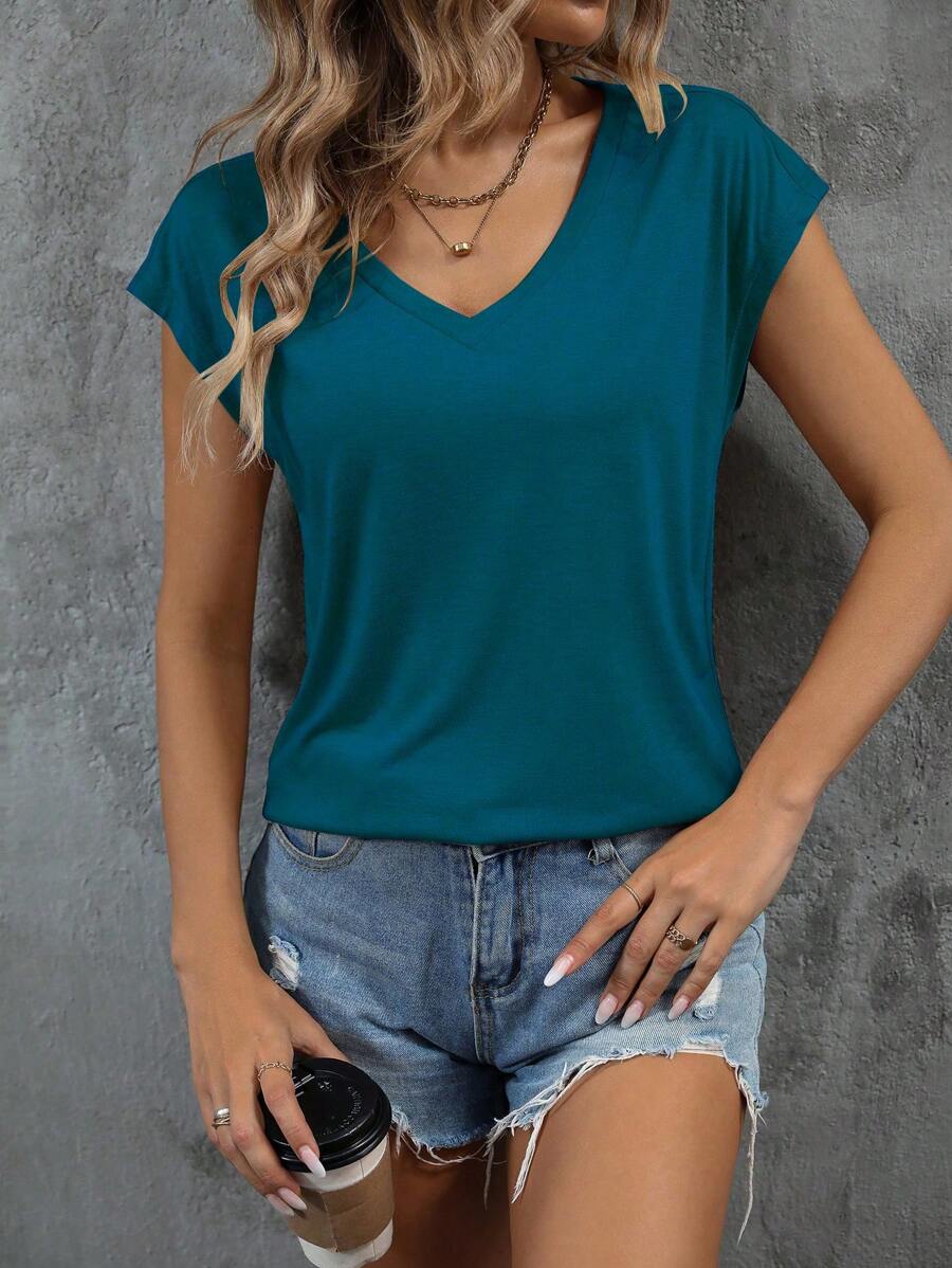 SHEIN LUNE 純色蝙蝠翼袖 V 領T恤 - 水鴨藍 - 查看 1