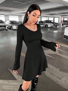 SHEIN EZwear Chất rắn Scoop Cổ tay áo lá sen Đầm - màu đen - Xem 3