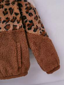 Tween Girl 1pc Leopard Pattern Colorblock Zip Up Teddy Jacket - Brown - View 6