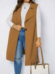 SHEIN LUNE Áo khoác cỡ lớn Nút màu trơn Thanh lịch - màu nâu - Xem 1