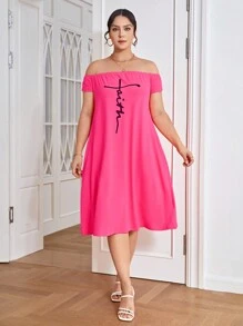 SHEIN LUNE Plus Letter Graphic Off Shoulder Dress Maxi Women Outfit - Hot Pink - View 4