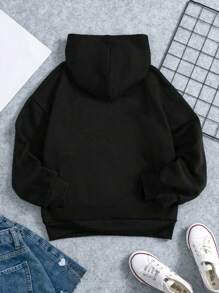 少女爱心印花卫衣，秋冬季休闲款 - 黑色 - 查看 2