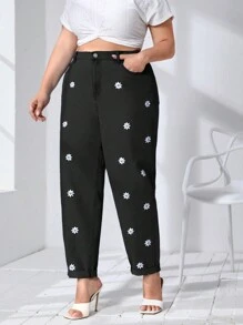 SHEIN Essnce Hơn Thêu hoa Quần jean Mom Fit - màu đen - Xem 5