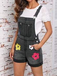 Floral Print Roll Up Hem Denim Overalls Without Tee - Grey - View 1