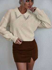 EMERY ROSE Rhinestone Detail Drop Shoulder Sweater,Long Sleeve Tops Knit Pullover Fall Winter Outfit