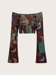 ROMWE Hippie 太陽與月亮印花露肩T恤 - 彩色 - 查看 2