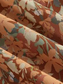 SHEIN MOD Allover Floral Print Asymmetrical Shoulder Ruched Waist Lettuce Hem Dress - Brown - View 3