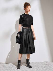 SHEIN Essnce PU Leather Pleated Skirt - Black - View 1