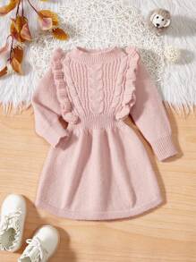 Baby Girl Ruffle Trim Cable Knit Sweater Dress