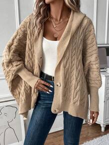 SHEIN LUNE Cable Knit Batwing Sleeve Hooded Cardigan - Khaki - View 6