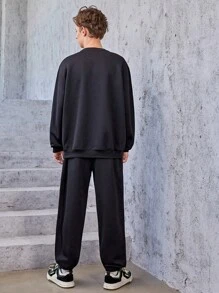 SHEIN Teen Boy Slogan Graphic Drop Shoulder Sweatshirt & Sweatpants - Black - View 2