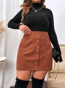 SHEIN CURVE+ Plus Button Front Dual Pocket Corduroy Skirt