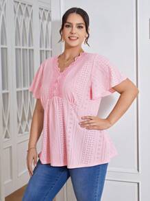 Calvaya Plus Eyelet Embroidery Contrast Lace Scallop Trim Butterfly Sleeve Peplum Tee - Pink - View 3