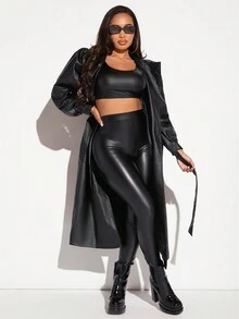 SHEIN SXY Solid PU Leather Trench Coat - Black - View 4