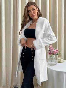 SHEIN Privé Fuzzy Vòng cổ Túi Kép Thắt lưng Áo khoác - Hồng - Xem 1