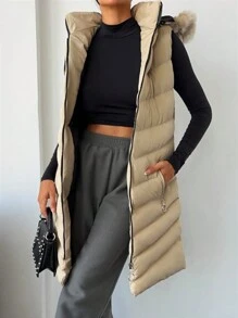 EURMUSE 1pc Drawstring Waist Fuzzy Trim Hooded Puffer Vest Coat - White - View 3