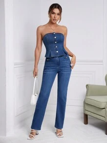 SHEIN Frenchy Blusa feminina jeans tomara que caia minimalista de cor sólida - Azul - Ver 3