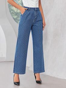 SHEIN Privé High Waist Plaid Wide Leg Jeans - Medium Wash - View 4