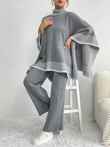 Turtleneck Batwing Sleeve Sweater & Knit Pants - Grey - View 7