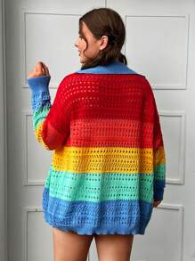 SHEIN EZwear 加色塊落肩挑窿針織開衫 - 彩色 - 查看 2