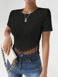 SHEIN Privé Solid Fringe Hem Tee - Black - View 4