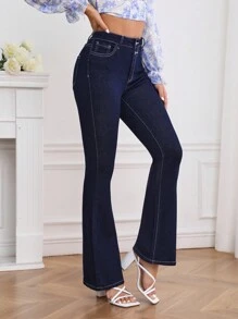 SHEIN Privé 拼接車縫牛仔喇叭褲 - 深色水洗藍 - 查看 1