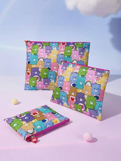 SHEIN X Care Bears 1 st förvaringsväska för sött björntryck, lämplig för att organisera kläder, tillbehör, toalettartiklar och researtiklar, bärbar och bedårande, bra present, Love-A-Lot Bear, Funshine Bear, Boho Vibes