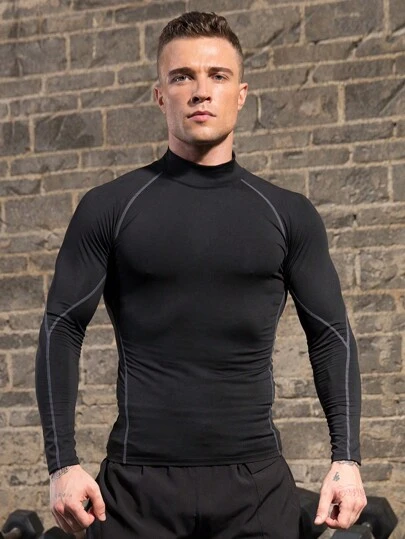 Manfinity Sport Corelite T-shirt à manches longues décontracté pour hommes, style petit ami, col montant, manches raglan, couleur unie. Compression, holographique, unicolore, Top d'exercice, Top de compression respirant et ajusté pour l'automne, col ras du cou