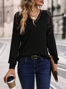 EMERY ROSE Áo thun tay áo Raglan có ren tương phản - màu đen - Xem 5
